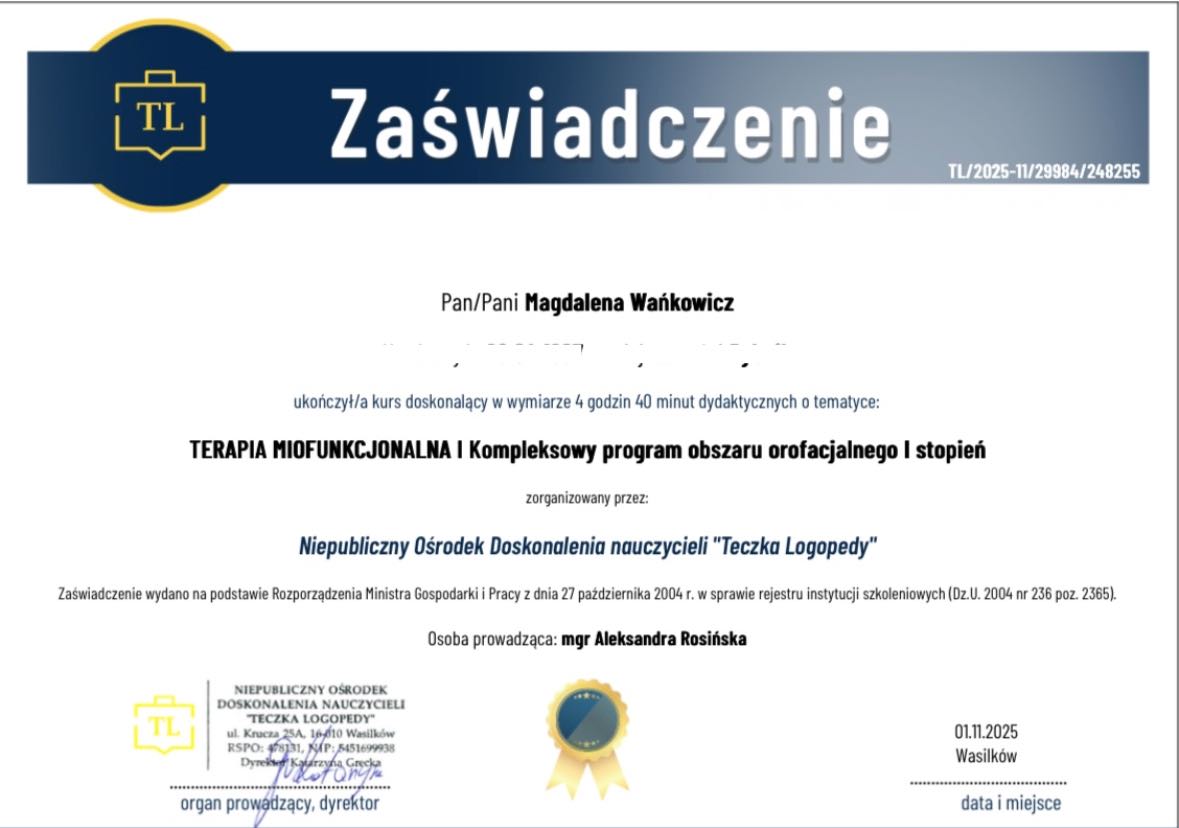 Certyfikat szkolenia terapii miofunkcjonalnej – mgr Magdalena Wańkowicz