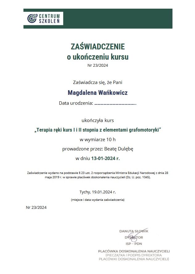 Certyfikat szkolenia neurologopedycznego, sensoplastyka – mgr Magdalena Wańkowicz