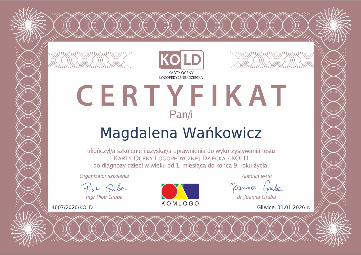 Certyfikat szkolenia neurologopedycznego – mgr Magdalena Wańkowicz