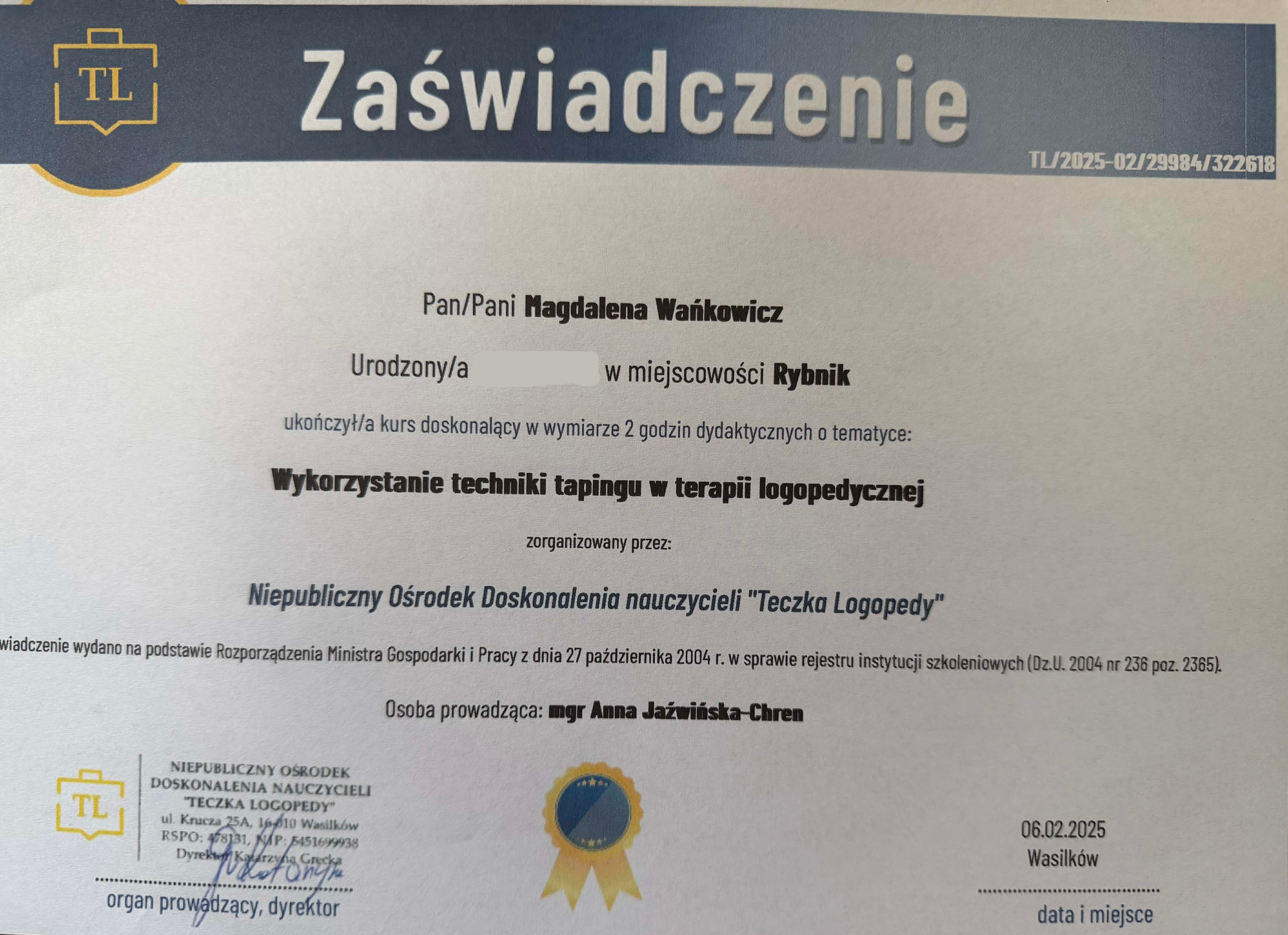 Certyfikat szkolenia neurologopedycznego – mgr Magdalena Wańkowicz